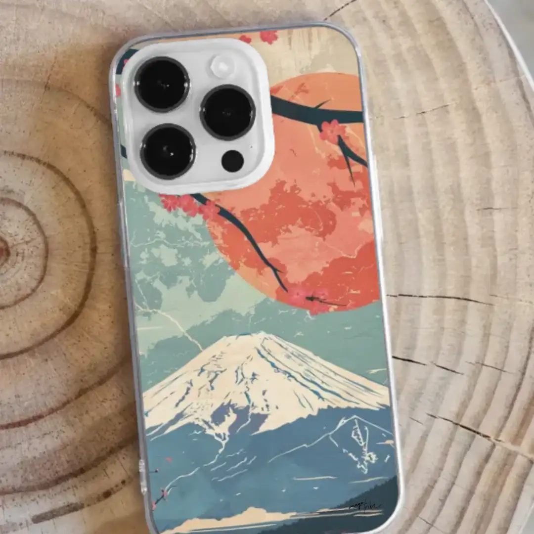 iPhone case Mount Fuji sakura bright colors flat design art