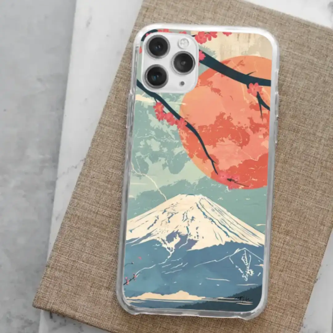 iPhone case Mount Fuji sakura bright colors flat design art