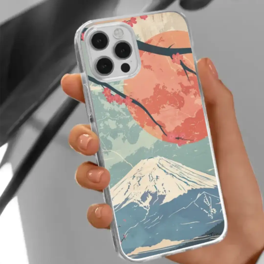 iPhone case Mount Fuji sakura bright colors flat design art