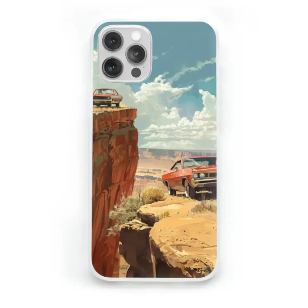 iPhone case two cars near a cliff desert sunny day 70s