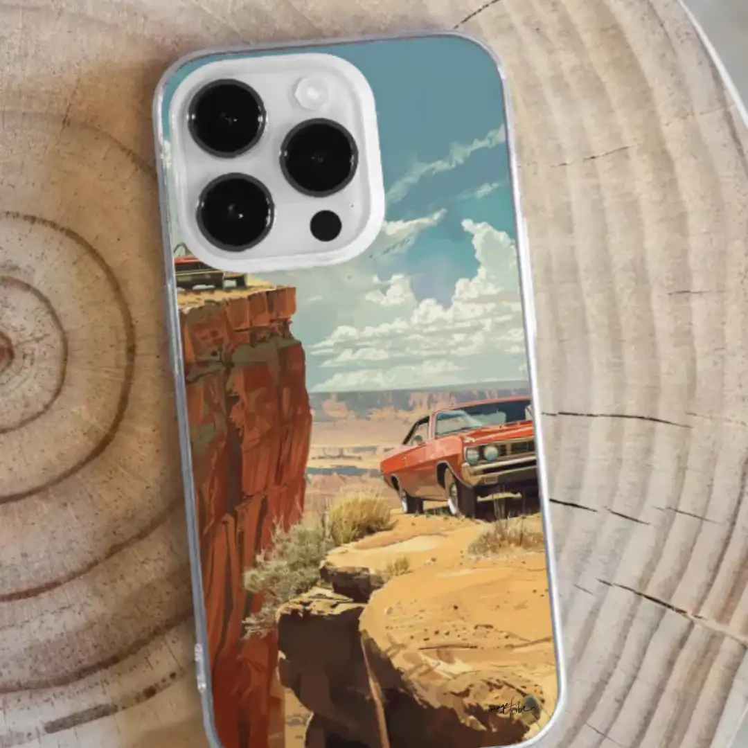 iPhone case two cars near a cliff desert sunny day 70s