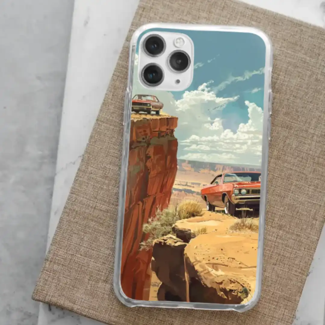 iPhone case two cars near a cliff desert sunny day 70s