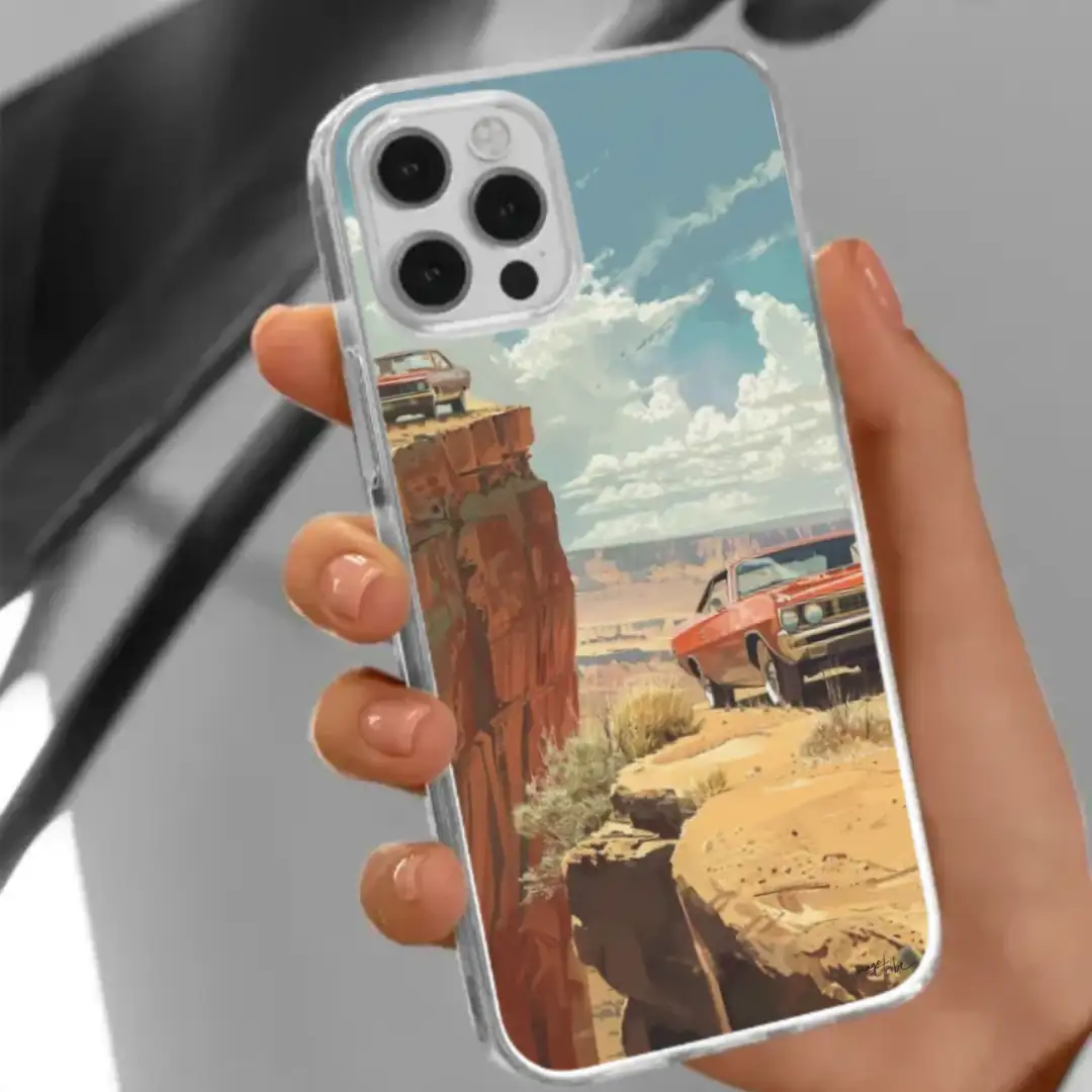 iPhone case two cars near a cliff desert sunny day 70s
