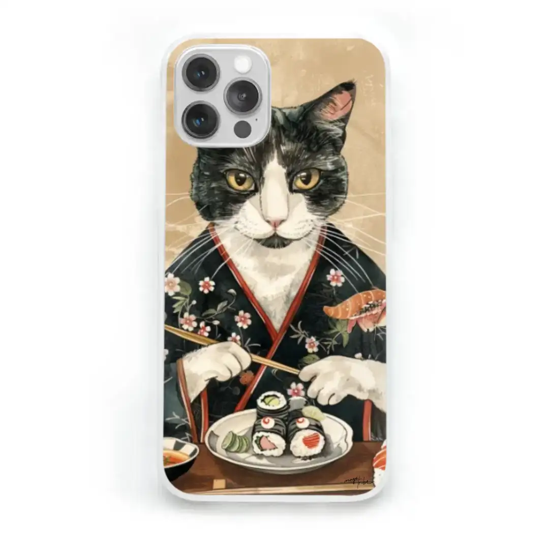 iPhone case cat dressed with kimono eating sushi