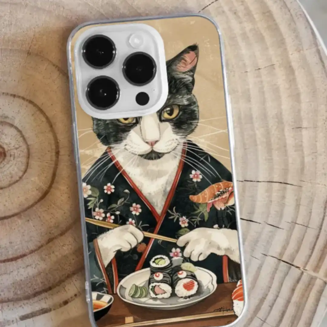 iPhone case cat dressed with kimono eating sushi