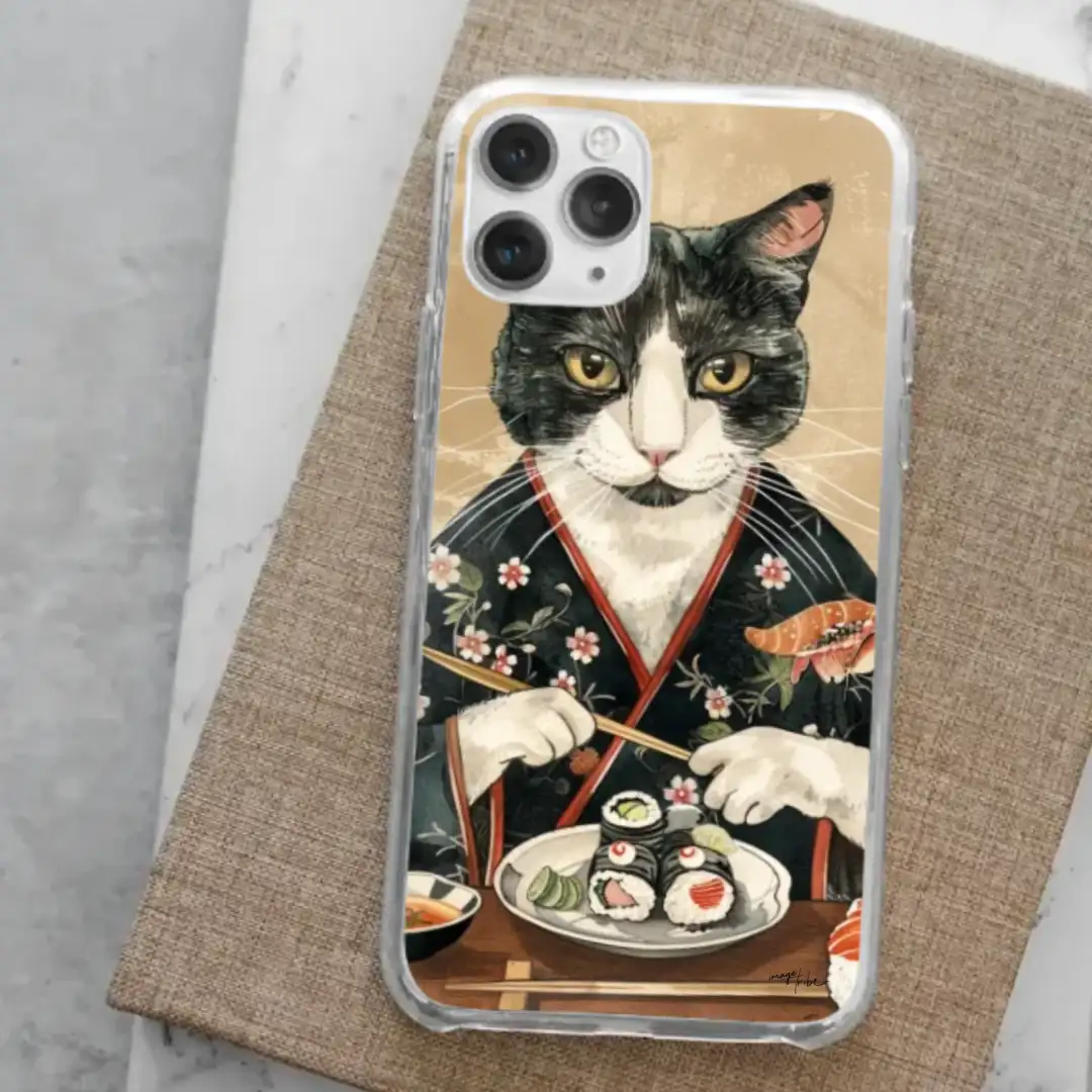 iPhone case cat dressed with kimono eating sushi