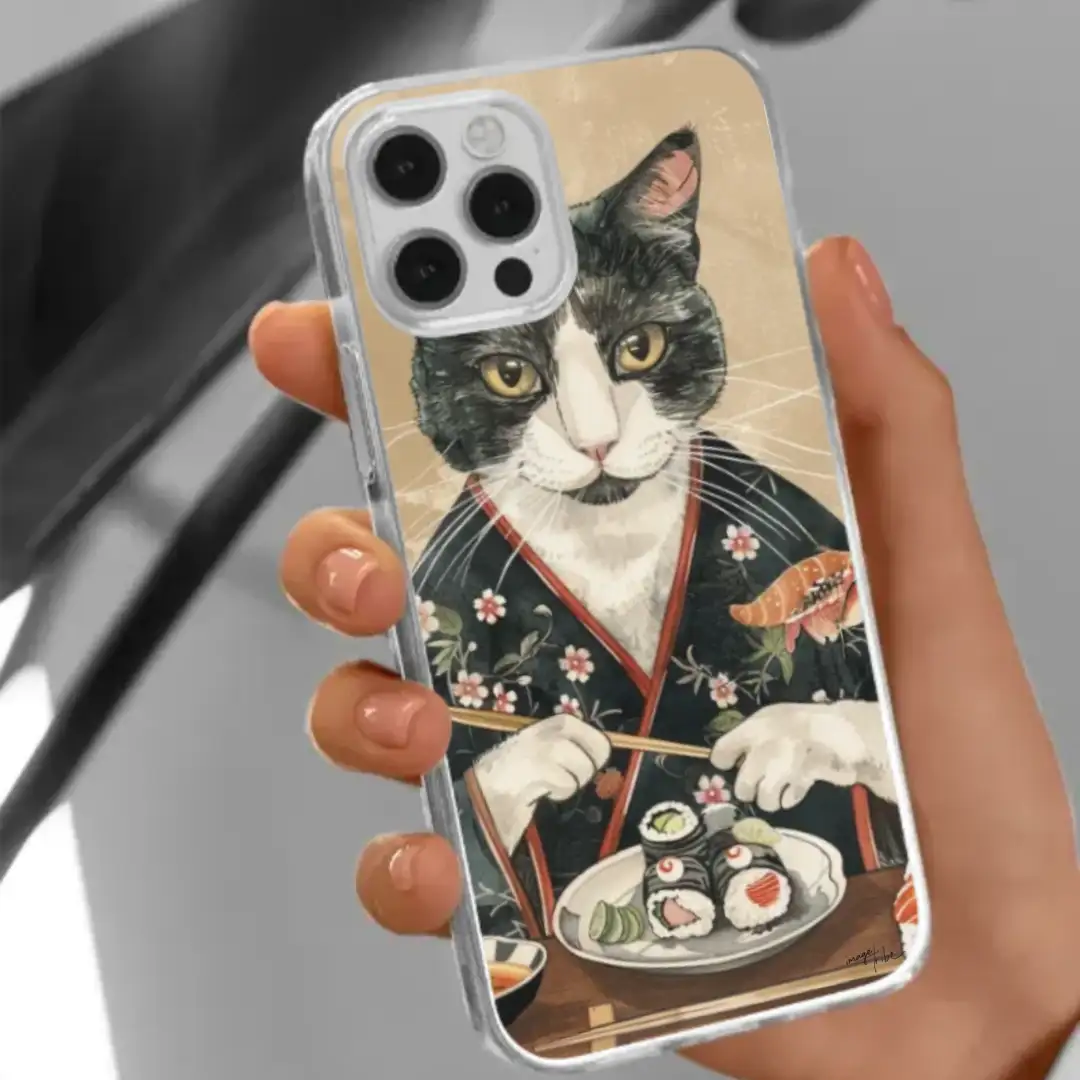 iPhone case cat dressed with kimono eating sushi