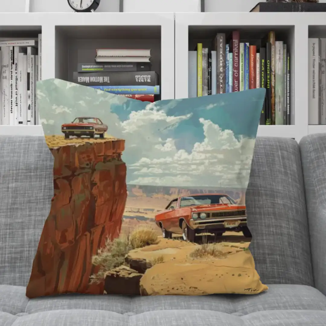 Pillow two cars near a cliff desert sunny day 70s