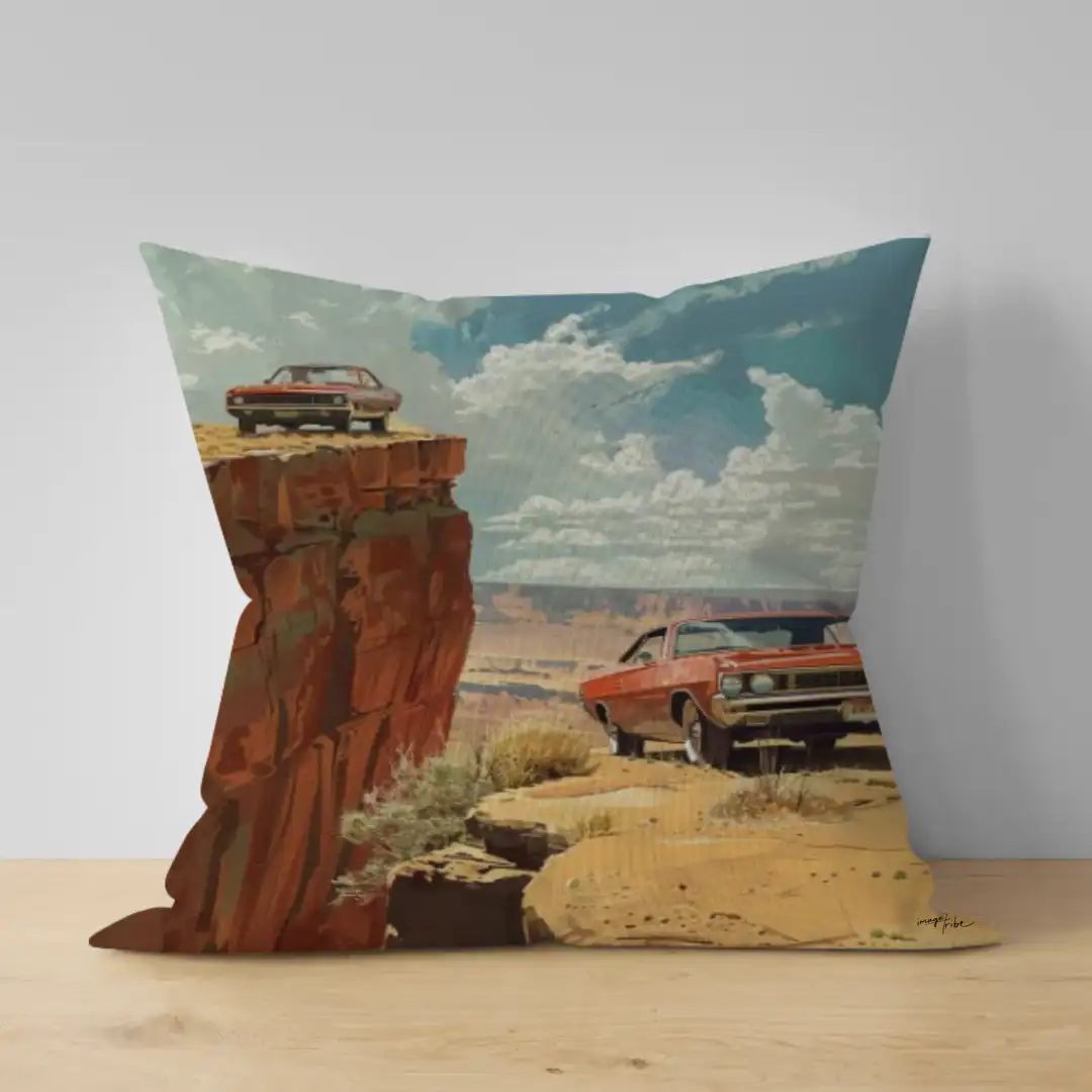Pillow two cars near a cliff desert sunny day 70s