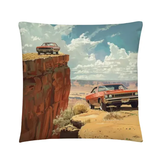 Pillow two cars near a cliff desert sunny day 70s