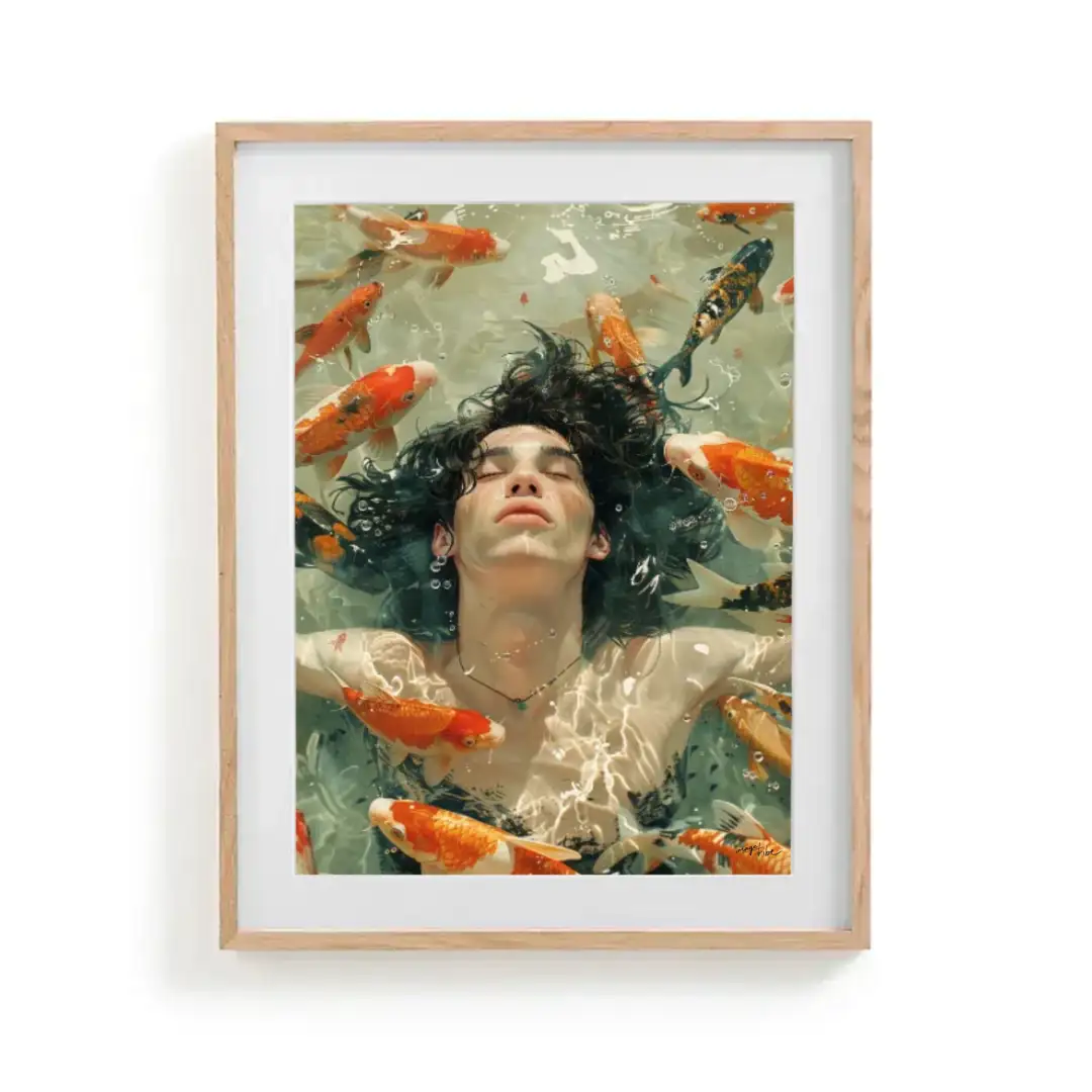 Poster man in the water with gold fishes