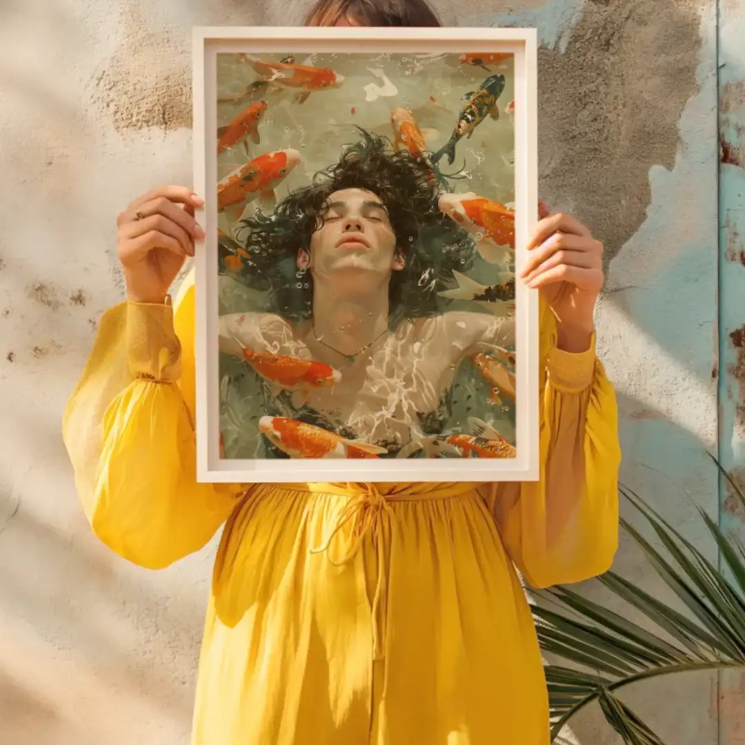 Poster man in the water with gold fishes