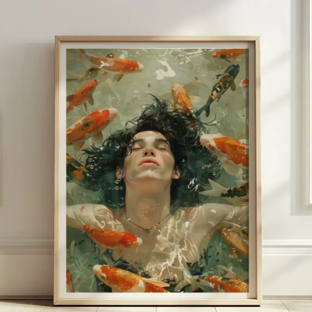 Poster man in the water with gold fishes