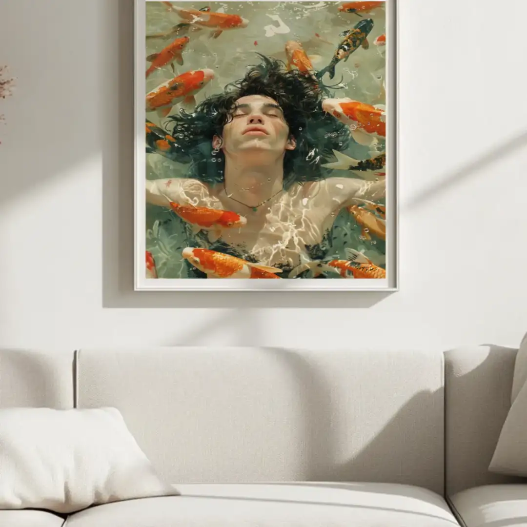 Poster man in the water with gold fishes