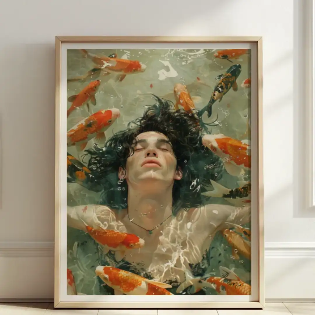 Poster man in the water with gold fishes