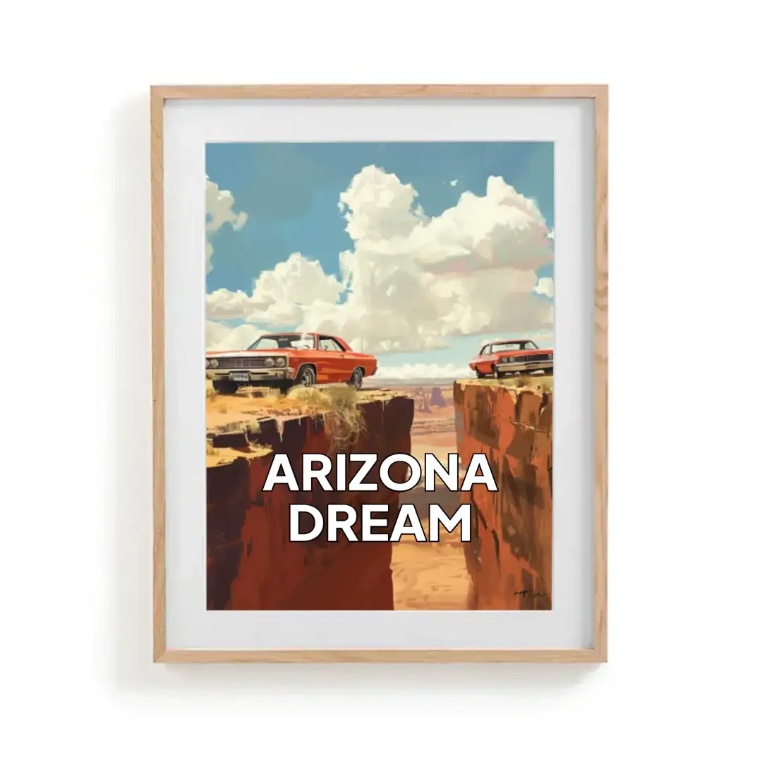 Poster two cars near a cliff desert sunny day 70s
