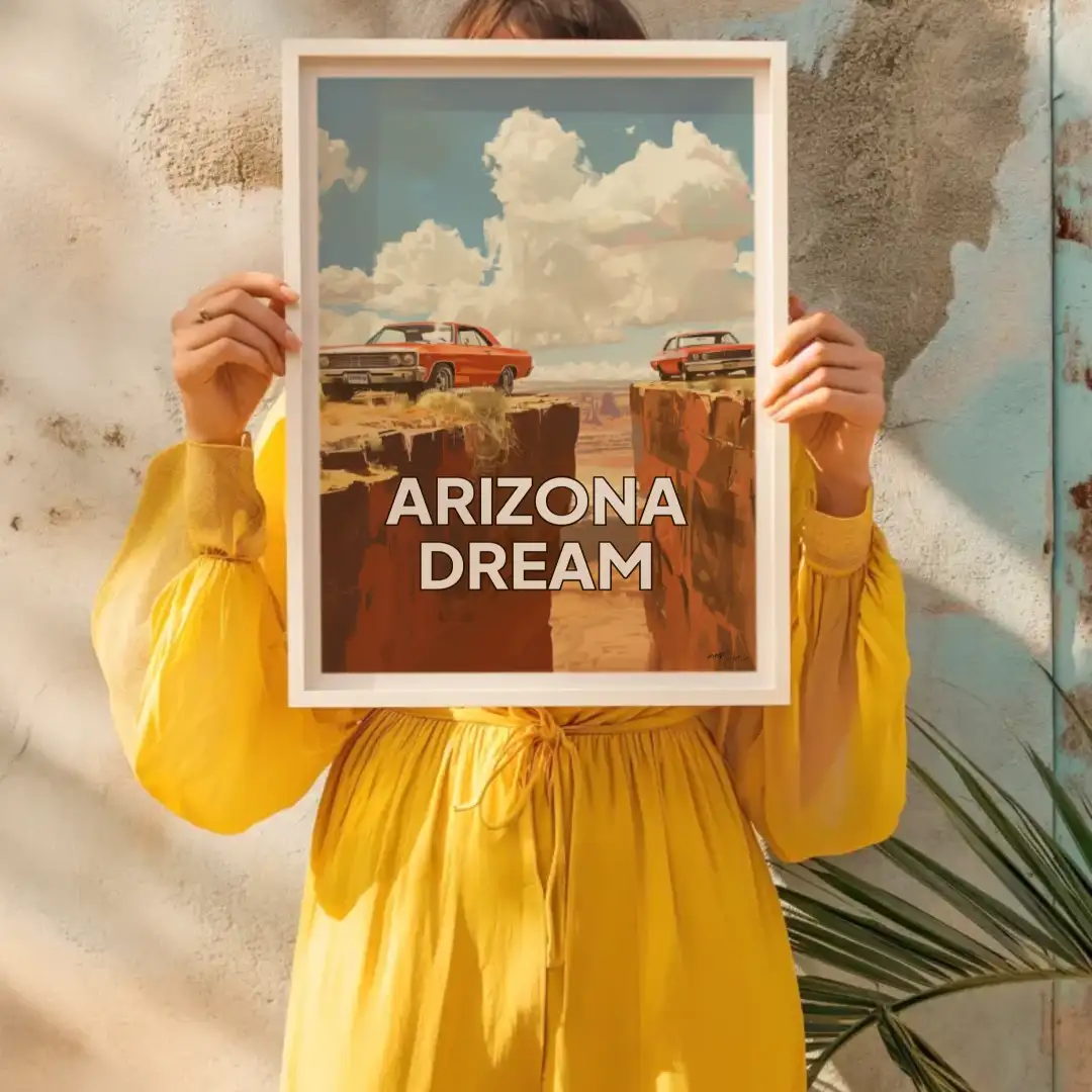 Poster two cars near a cliff desert sunny day 70s