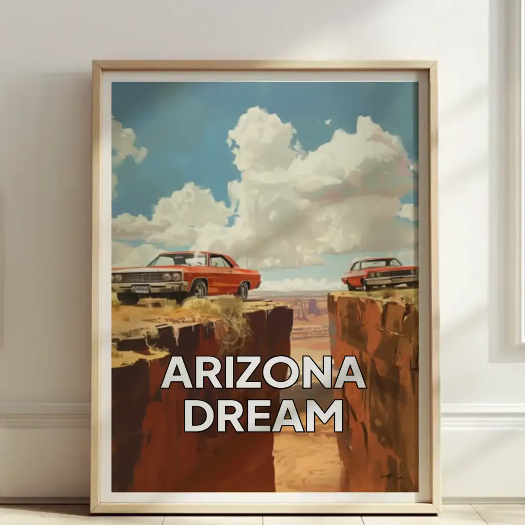 Poster two cars near a cliff desert sunny day 70s