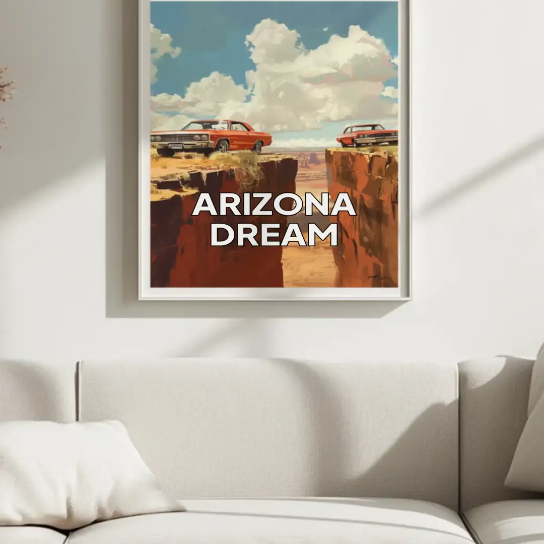 Poster two cars near a cliff desert sunny day 70s