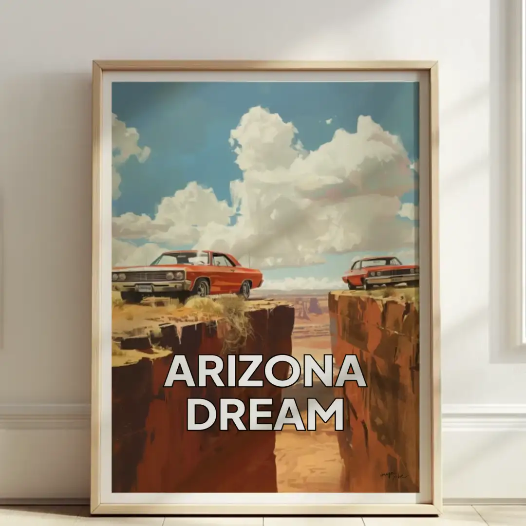 Poster two cars near a cliff desert sunny day 70s