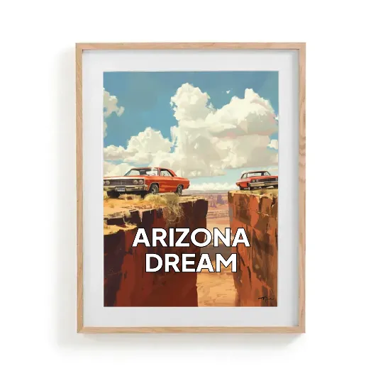 Poster two cars near a cliff desert sunny day 70s