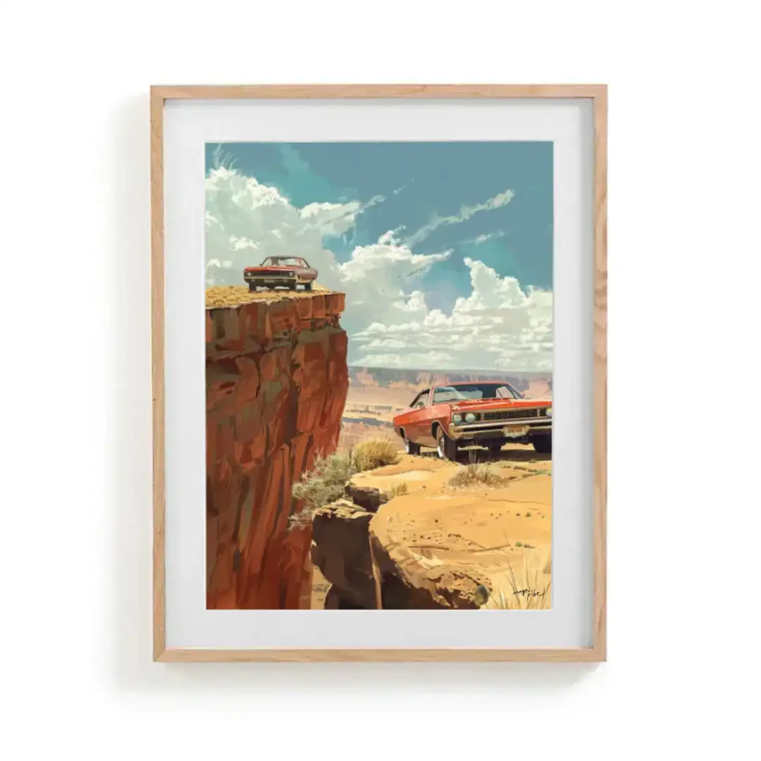 Poster two cars near a cliff desert sunny day 70s