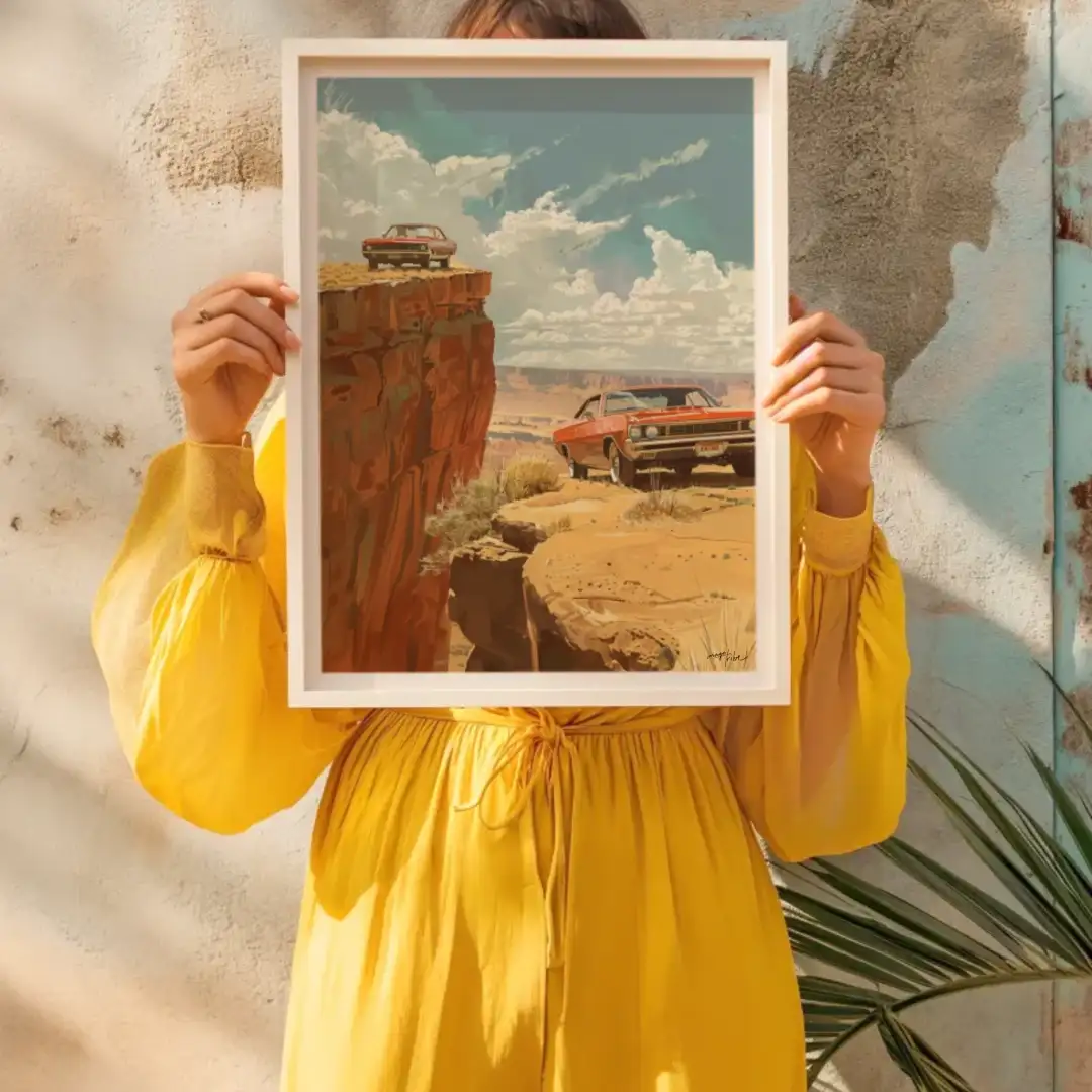 Poster two cars near a cliff desert sunny day 70s