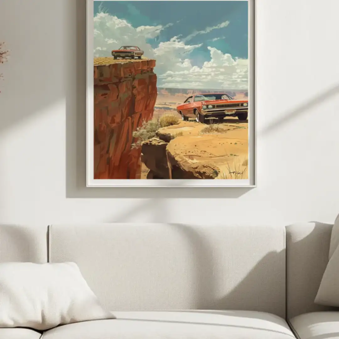 Poster two cars near a cliff desert sunny day 70s