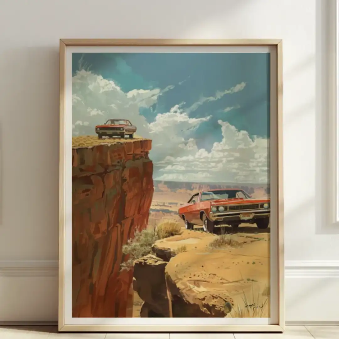 Poster two cars near a cliff desert sunny day 70s