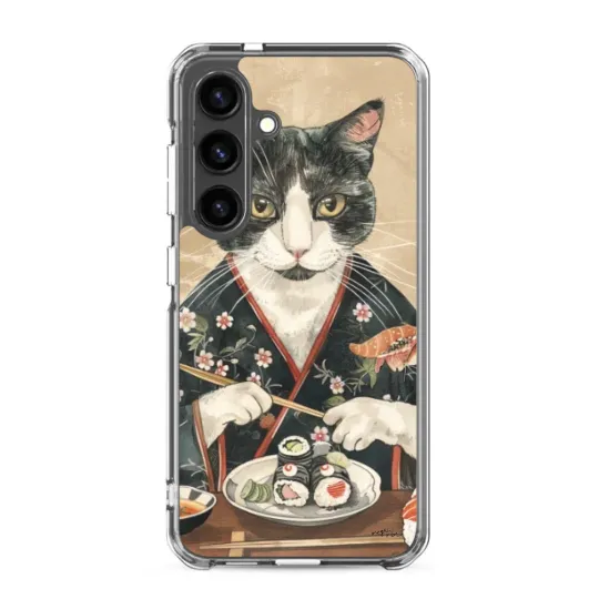 Samsung phone case cat dressed with kimono eating sushi