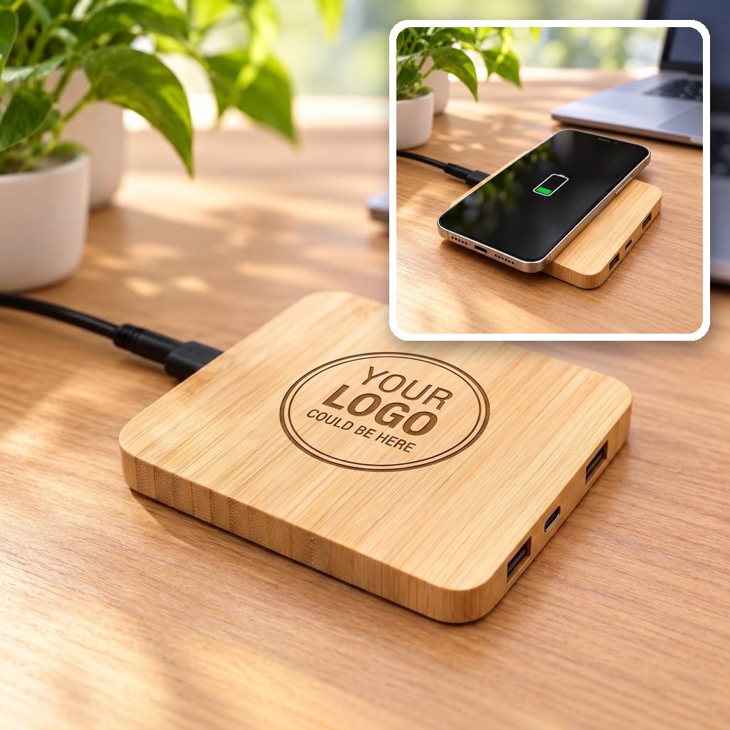 Pine 15W Bamboo Wireless Charger with USB Hub