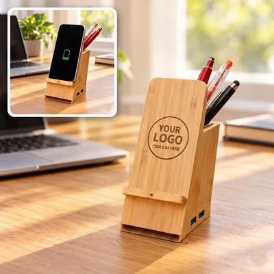 Wangari Maple 15W Bamboo Wireless Charger with Pen Stand & USB Hub