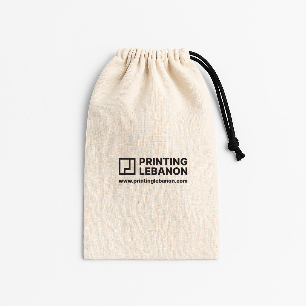 Custom printed cotton pouches in Lebanon – eco-friendly reusable packaging with durable natural fabric.