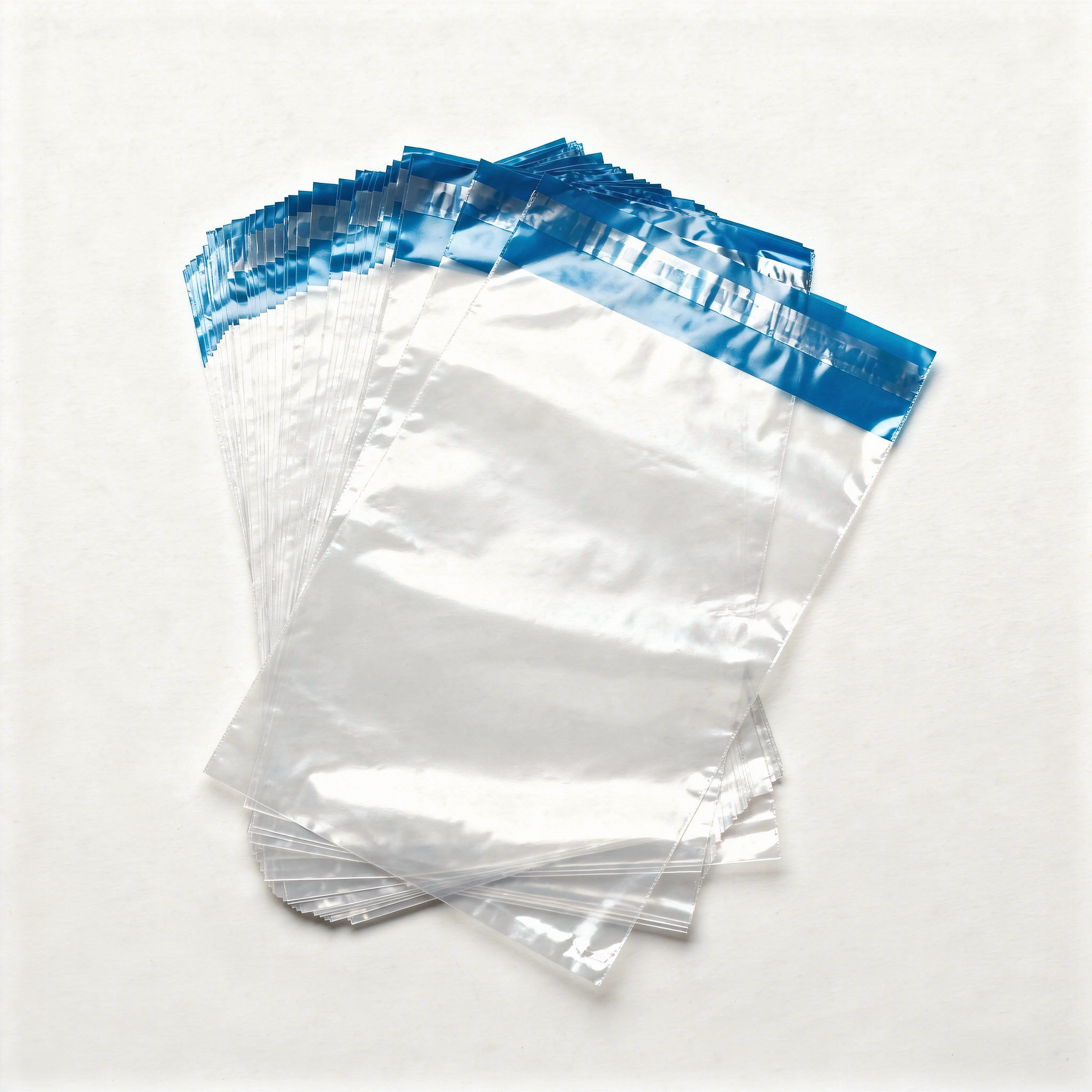 Transparent cellophane poly bags with blue adhesive closure displayed on a white background