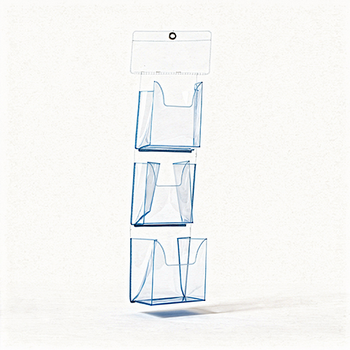 Hanging PVC pouch display strip with transparent pouches, designed for retail and promotional product display.