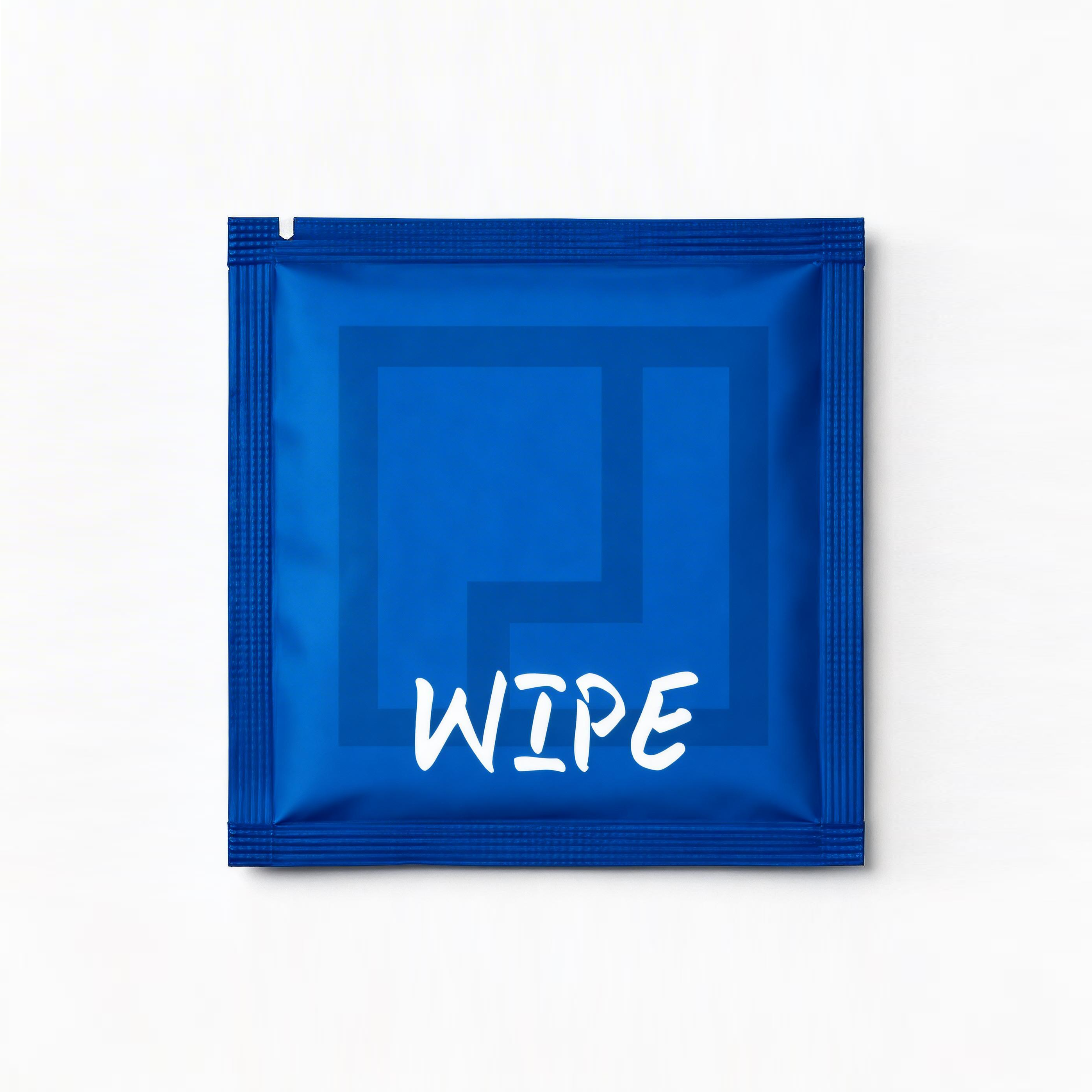 Single wet wipe sachet in blue packaging