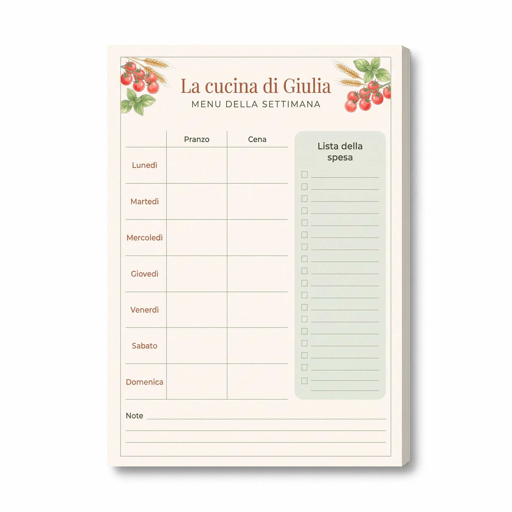 Blocco Calamitato da Frigo Menu Settimanale e Lista della Spesa