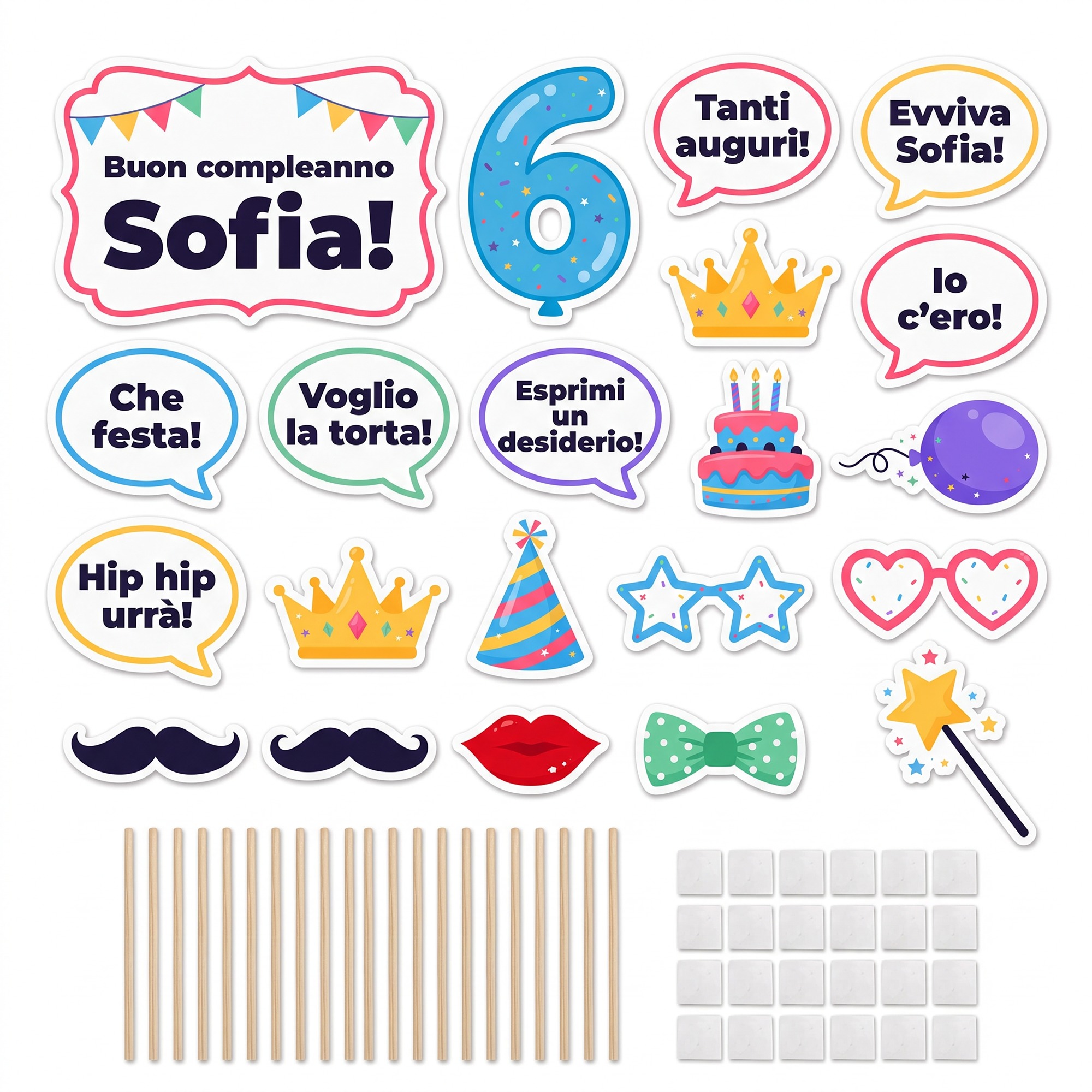 Kit Props Photo Booth Compleanno Personalizzato con Nome ed Età