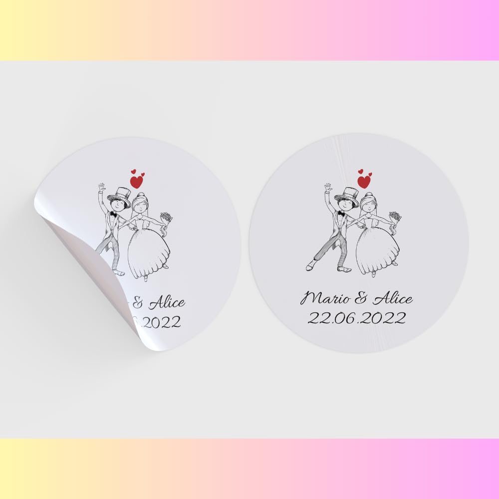 Adesivi matrimonio illustrati con nomi e data (100 pz)