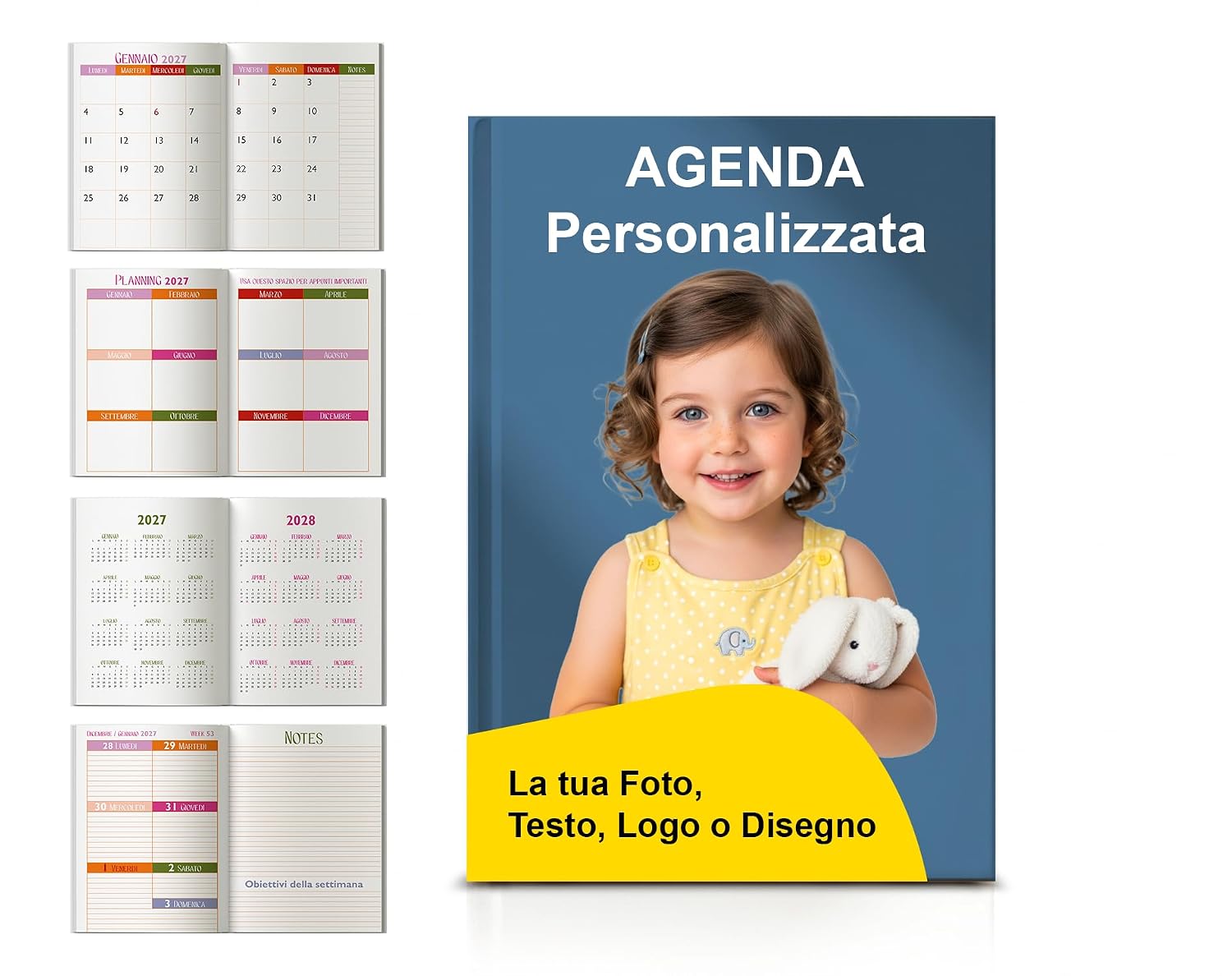 Agenda 2027 A5 personalizzata, interno a colori con pagina note