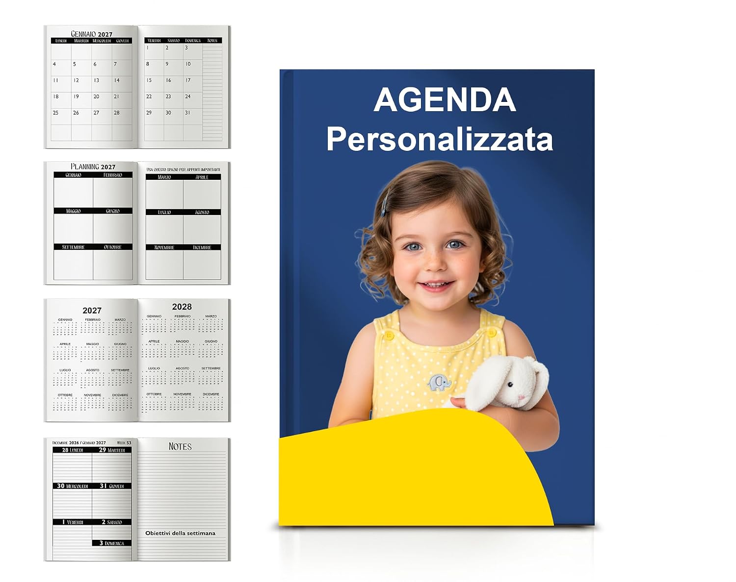 Agenda 2027 A5 personalizzata, interno bianco e nero con pagina note
