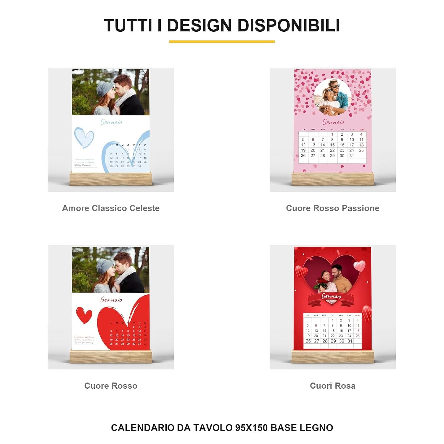 Calendario da tavolo 2027 base in legno 95x150, tema cuore — 3