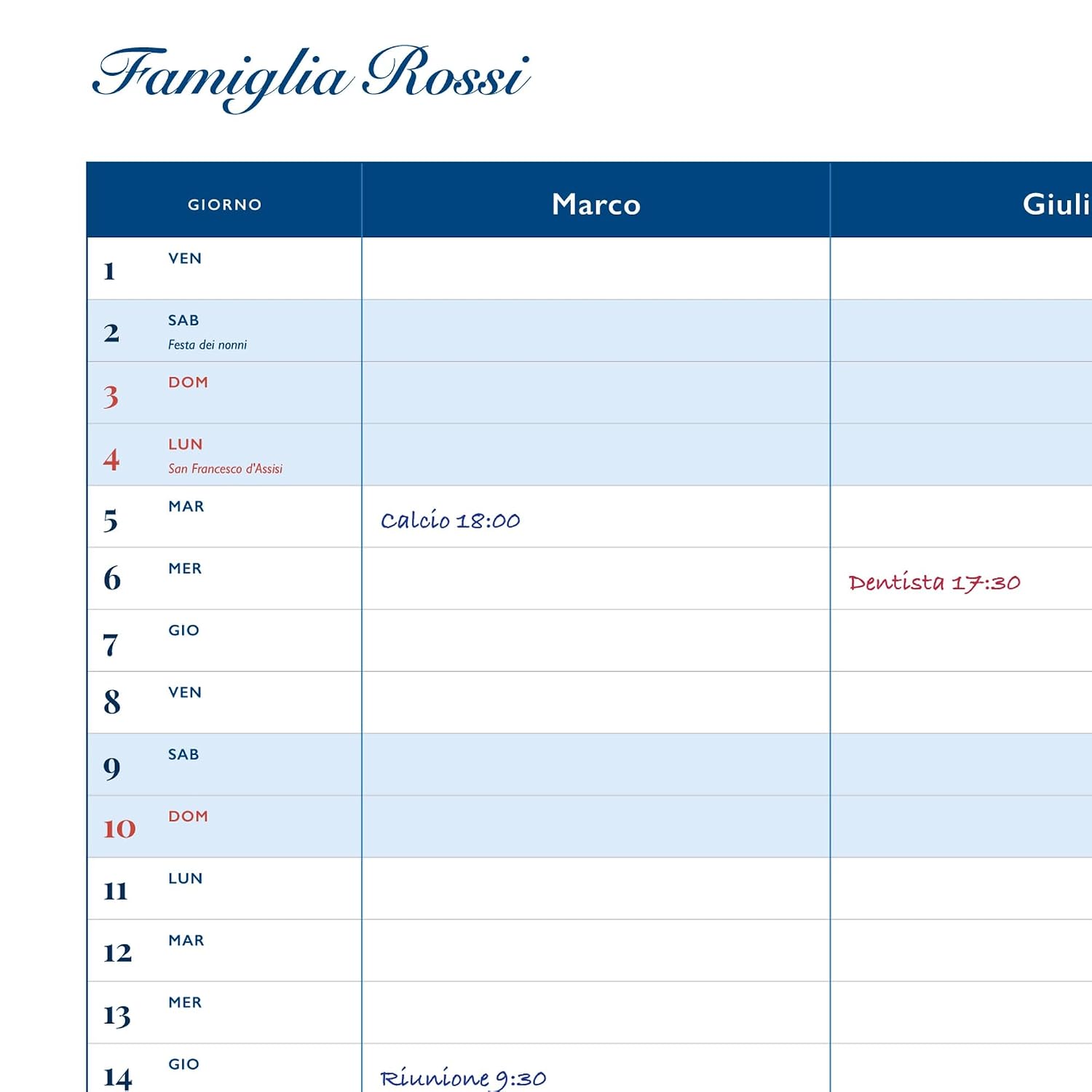Calendario famiglia 2027 A3 a colonne con nomi — 3