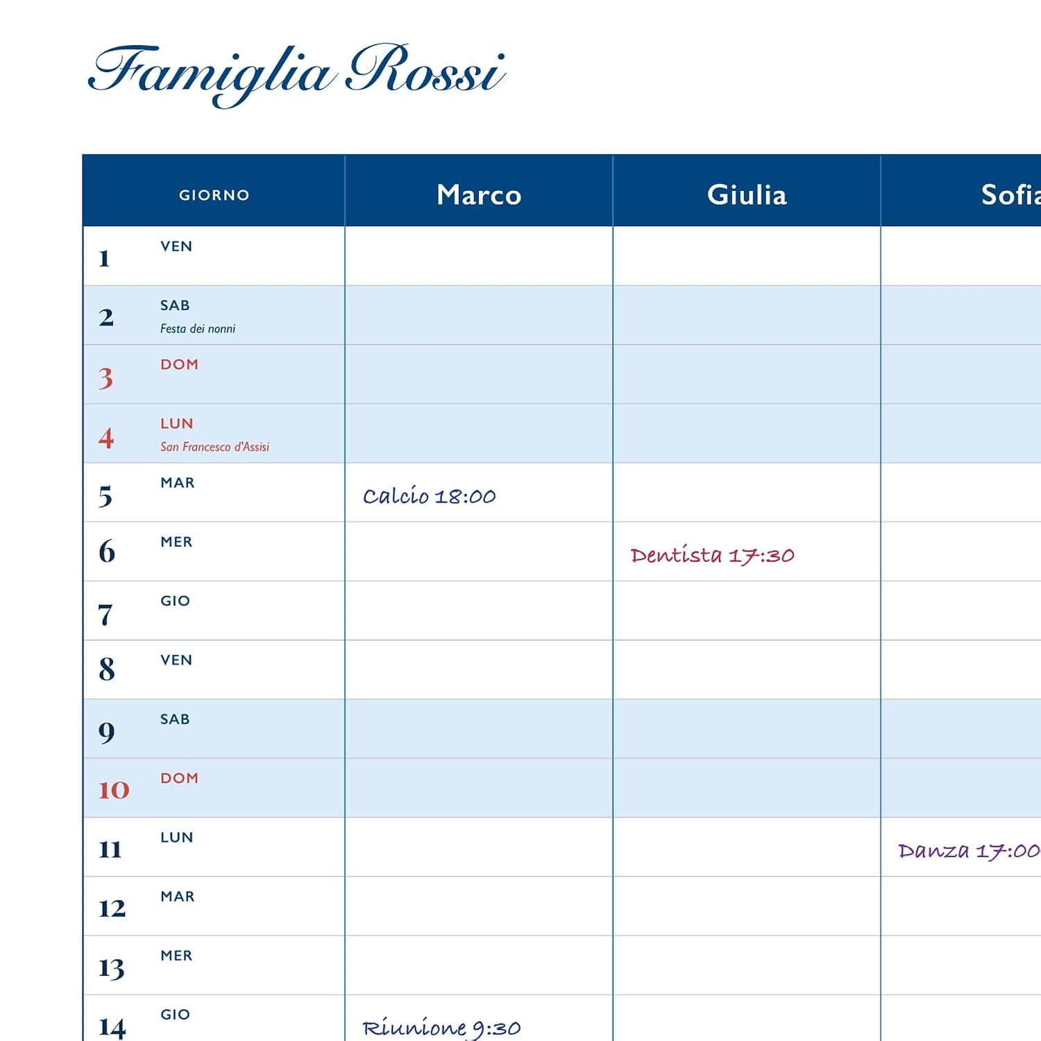 Calendario famiglia 2027 A3 a colonne con nomi — 5