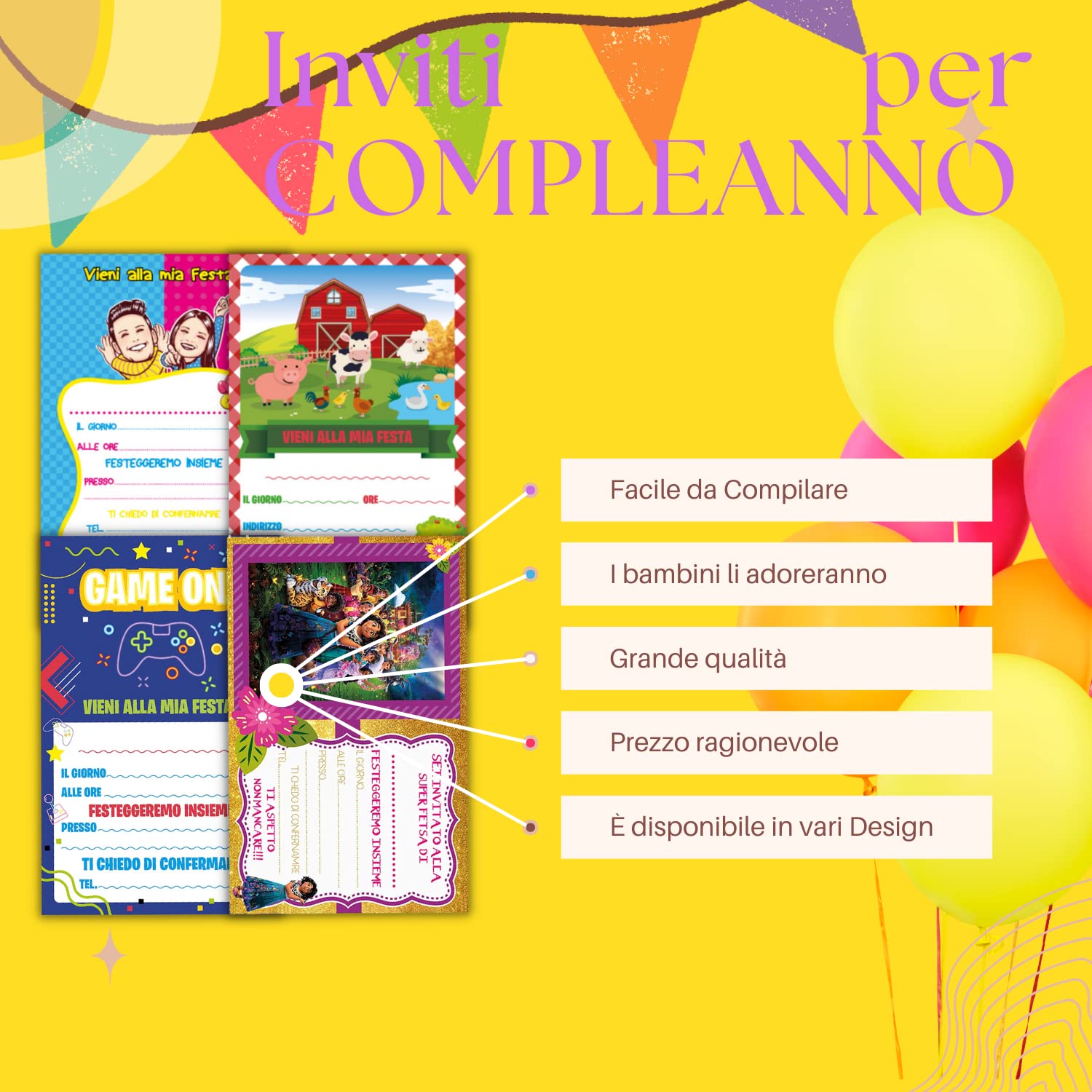 Inviti compleanno bambini, temi cartoni (20 pz) — 5