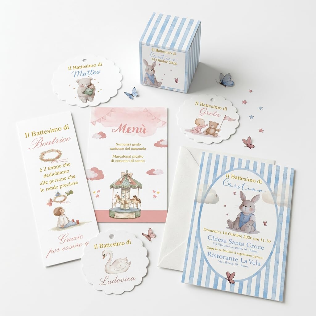 Kit battesimo completo: inviti, menu, segnalibri, tag e bomboniera