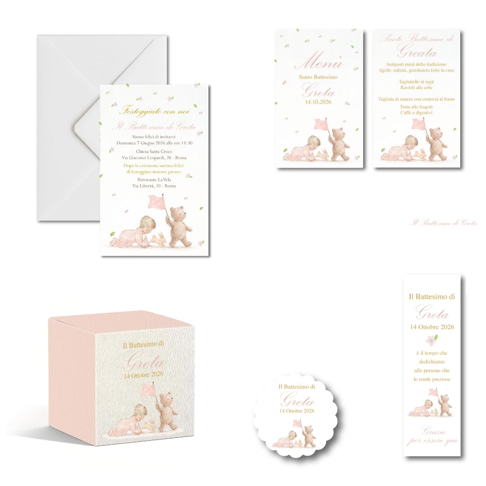 Kit battesimo completo: invito, adesivi, scatolina, segnalibro, menu