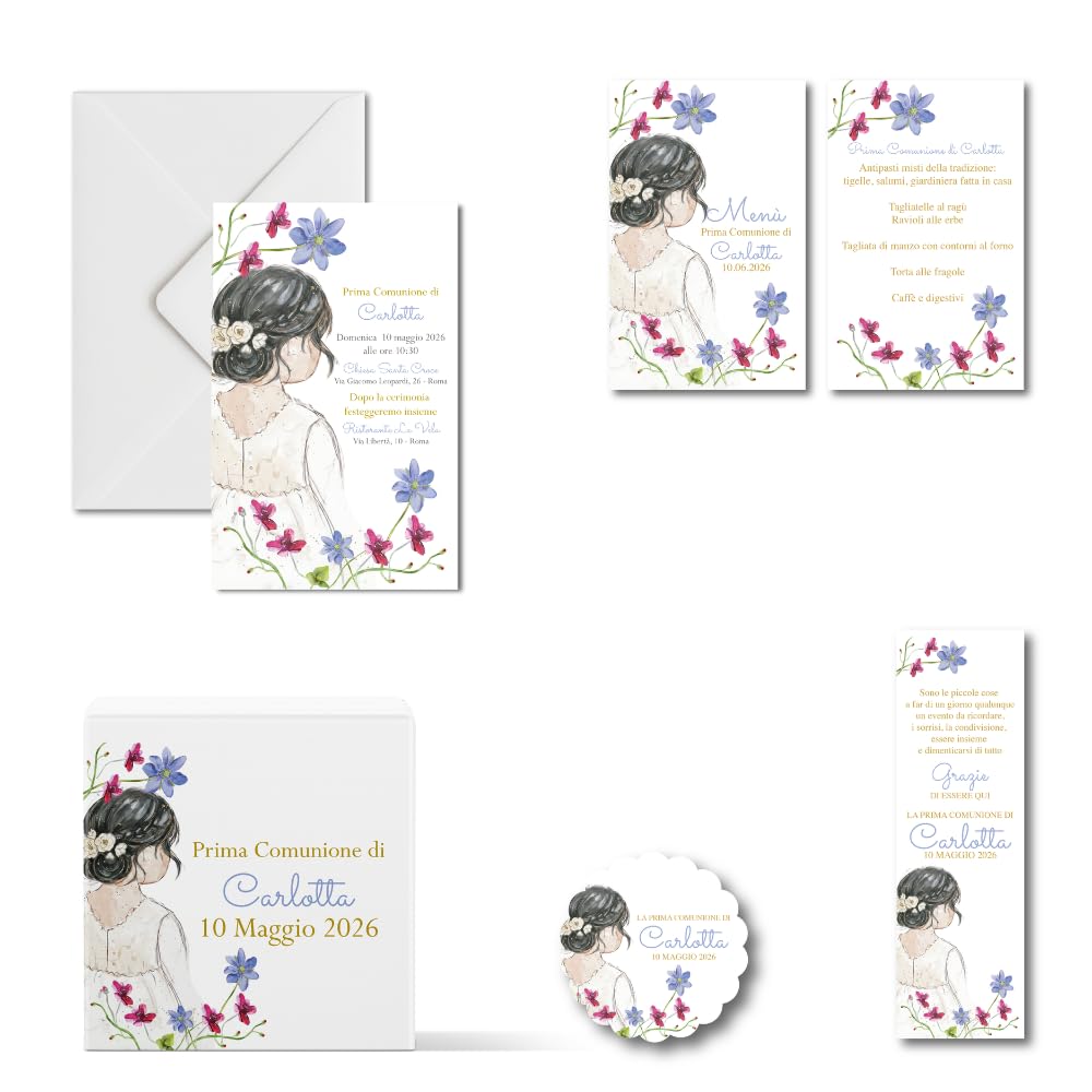 Kit prima comunione bimba completo: invito, adesivi, scatolina, menu