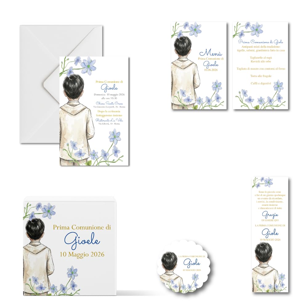 Kit prima comunione bimbo completo: invito, adesivi, scatolina, menu