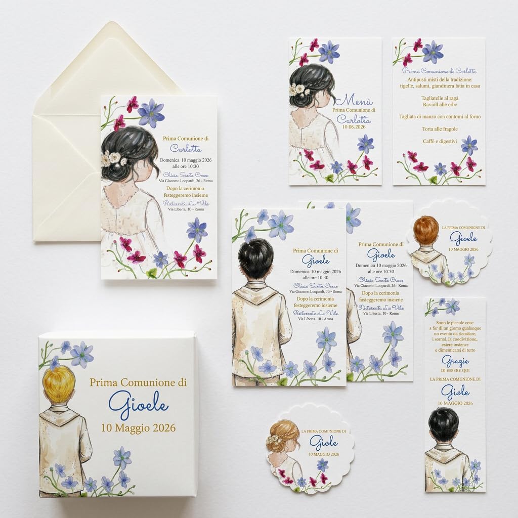 Kit prima comunione completo: inviti, menu, segnalibri, tag